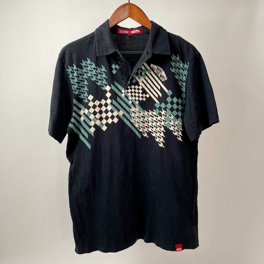 Men's Vintage Vans Old Skool Checkerboard Polo Shirt, Black Blue Cream, Size M